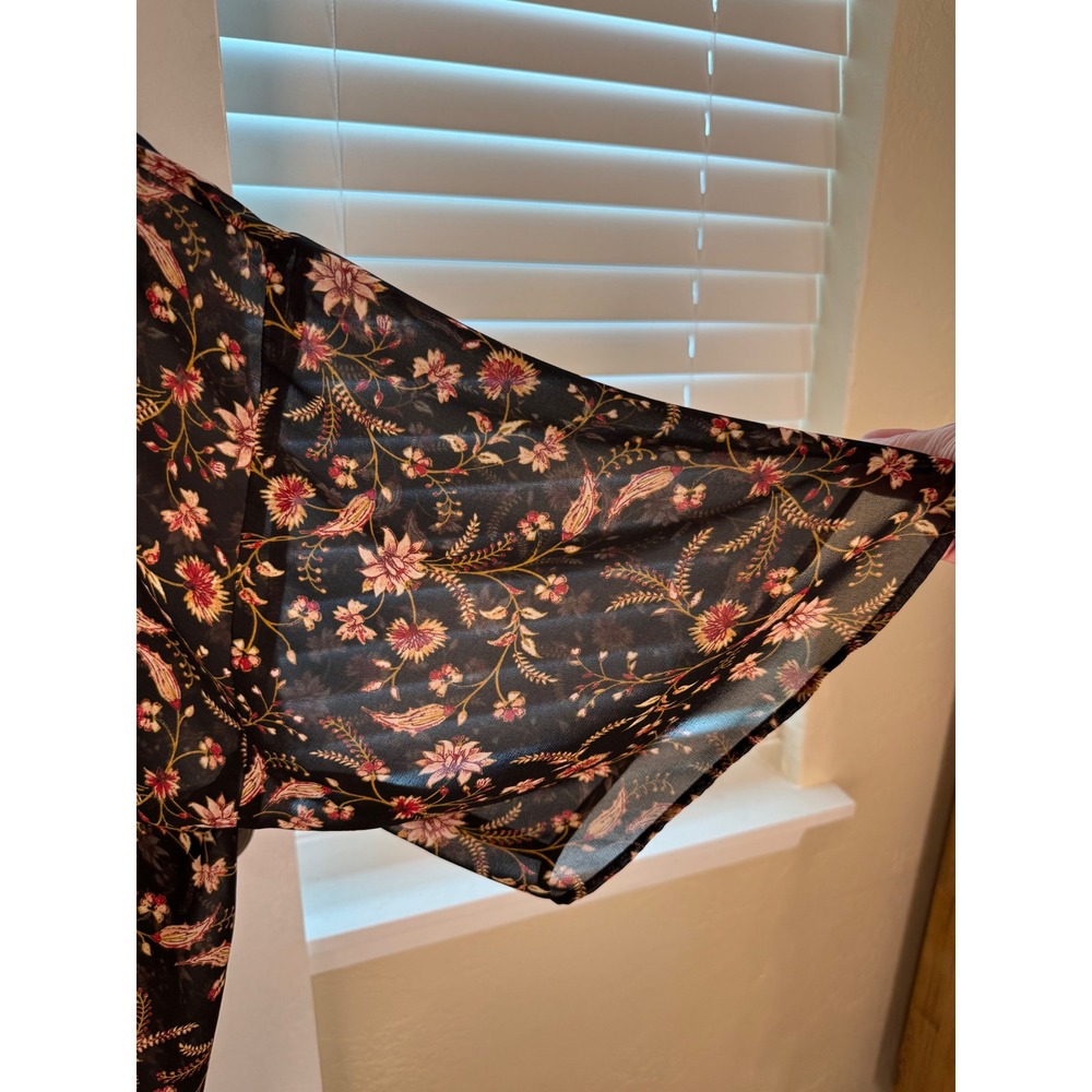 Davina Floral Kimono Wrap Black Sheer Chiffon Open Front Cardigan Plus Size 1X - Picture 3 of 6